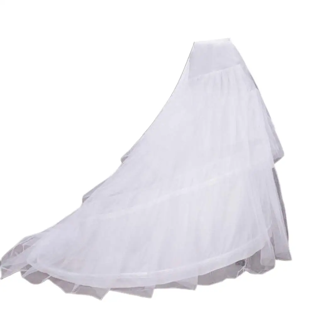 

Women Bridal 2 Hoops 3 Layer Tulle Wedding Long Trailing Petticoat Floor Length Elastic Waist Fishtail Crinoline Slip Underskirt