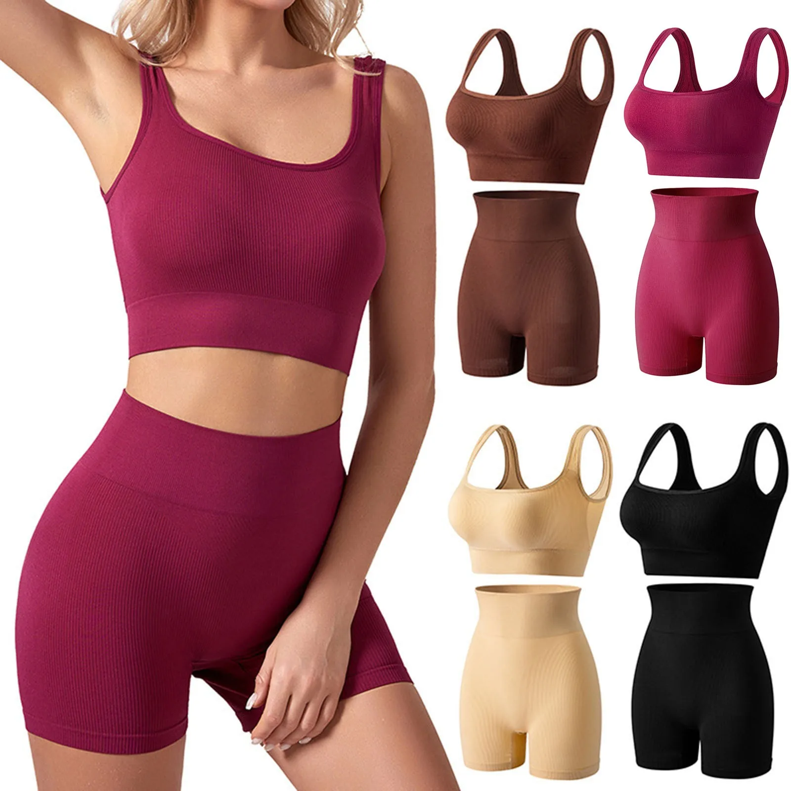 Sun-Imperial Women Pink Ribbed Sport Fitness Crop top and High Waist Legging Seamless Yoga Set