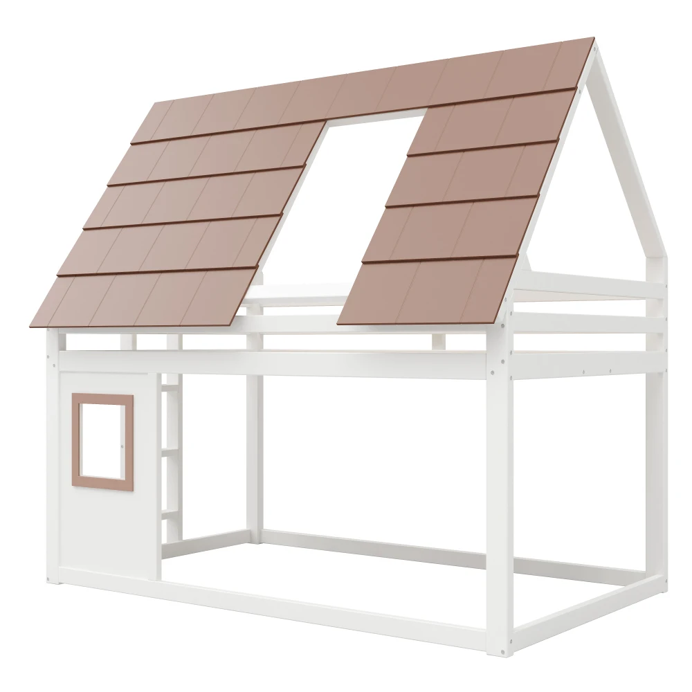 140 X 200cm Holz-Etagenbett mit Dach und Leiter, Hausförmiges Etagenbett mit Fenster und Integrierter Leiter, Geeignet für Schlafzimmer – Detail 16