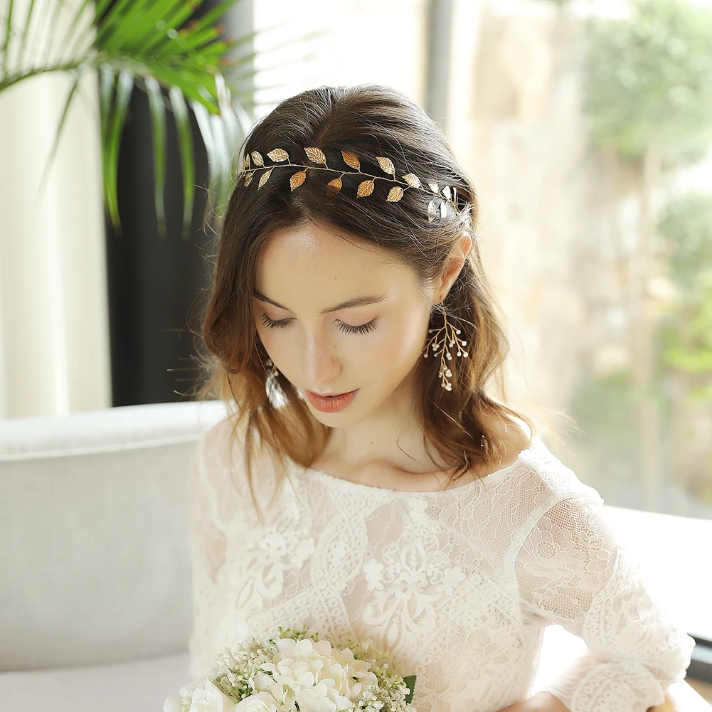 Bridal Jewelry Simple Metal Hair Bands Europe and The United States Wedding Headdress Handmade Gold Leaf Headband Female