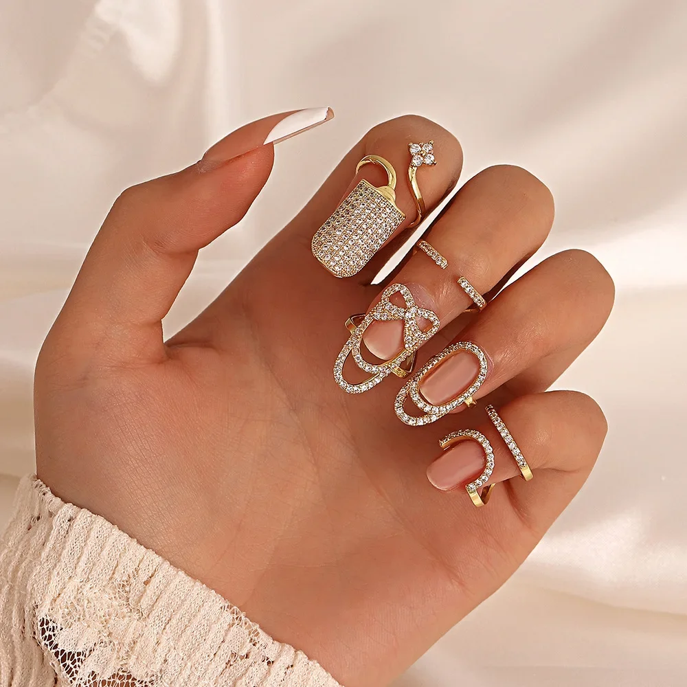 Cobre Incrustado Zircon Nail Ring para Mulheres, Manicure Joint Ring, Trendy Party Jewelry, Acessórios de Moda