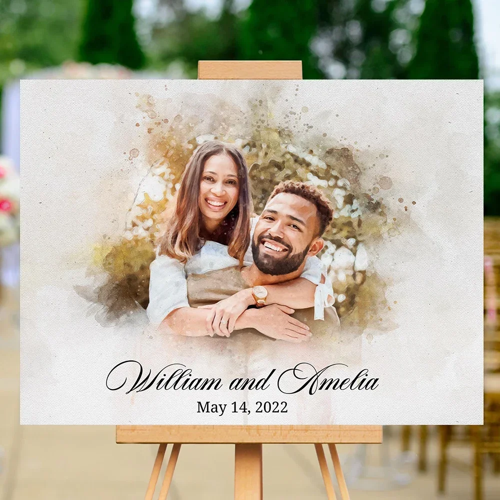Watercolor Couple Portrait Poster Unique Wedding Welcome Sign Art Print Canvas Painting Wall Picture Welcoming Guests Decor acrylic wall decor acrylic party decor wedding poster