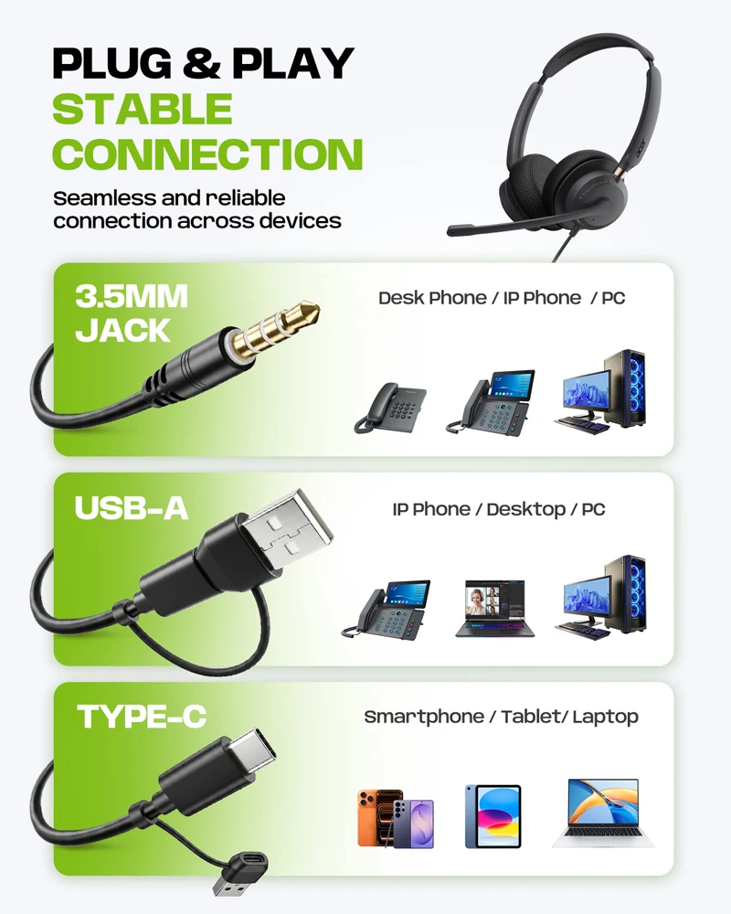 에이서 USB 컴퓨터 헤드셋 (마이크 포함), PC/노트북용 유선 헤드셋, 업무용 8피트 케이블, 인라인 컨트롤 헤드폰, 팀즈, 줌과 호환