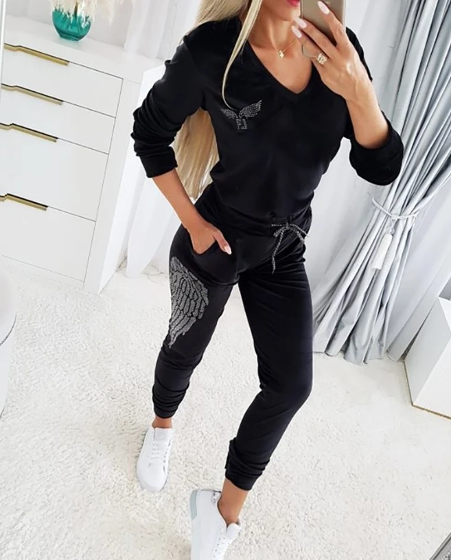 2023 Autumn Rhinestone Angel Wings Pattern V-Neck Tops and Drawstring Cuffed Pants Set for Women Daily Commuting 2023 autumn rhinestone angel wings pattern v neck tops and drawstring cuffed pants set for women daily commuting