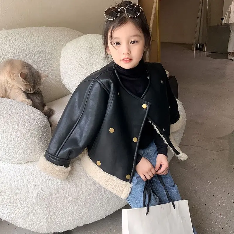 

2024 Children Leather Jackets Autumn Winter Warm Fashion Plush Handsome Leather Jackets and Girls Leather Jackets Outerwear TY22