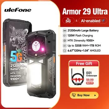 【2025 NEW】 Ulefone Armor 29 Ultra 5G AI 21200mAh Rugged Phone Dimensity 9300+120Hz 1TB ROM 64MP, NFC, Android 15 Dual Screen