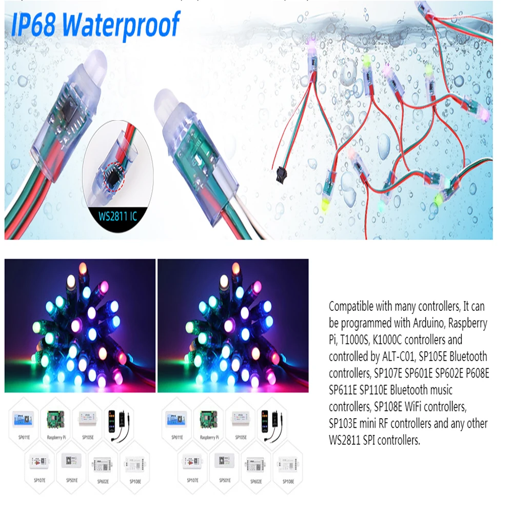 LED Modules 50pcs WS2811 2811 IC RGB Full Color 12mm Pixels Digital Addressable 5V 12V Dream Color IP68 Waterproof Light
