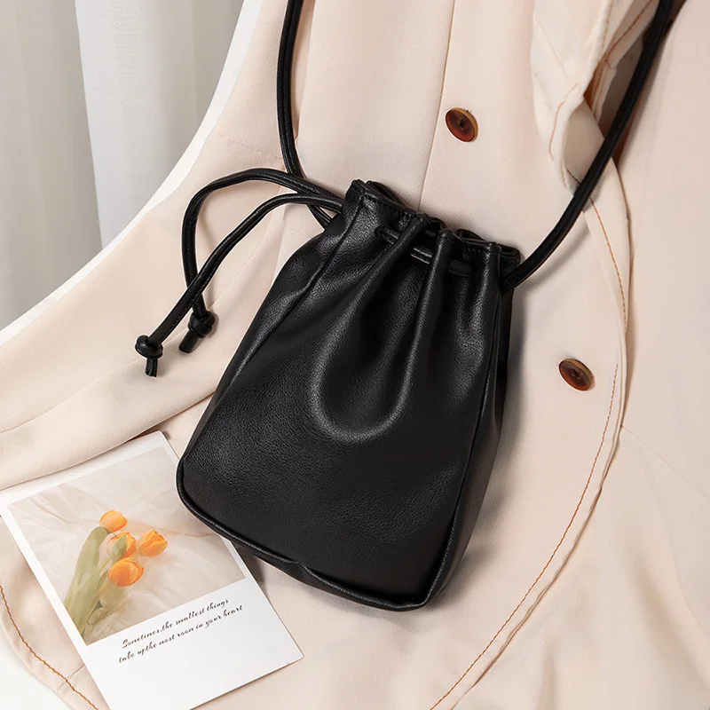 New Women Handbags PU Leather Shoulder Bags Drawstring Mini Phone Purse for Girls Female Crossbody Bag Pleated Bucket Bags