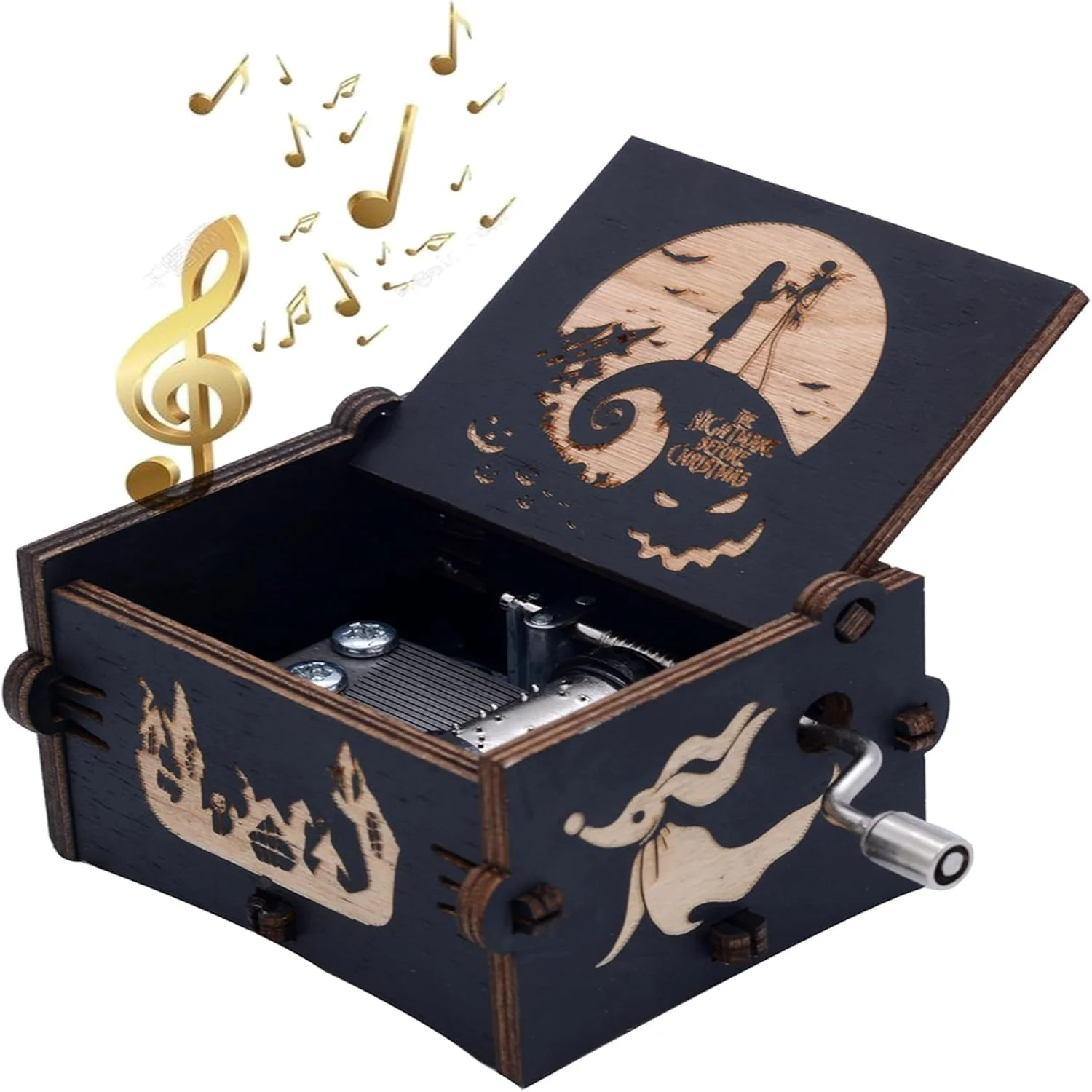 Funny Wooden Hand Crank Music Box, Engraving Nightmare Musical Box Melody Plays This is Halloween Decor for Halloween Thanksgiv