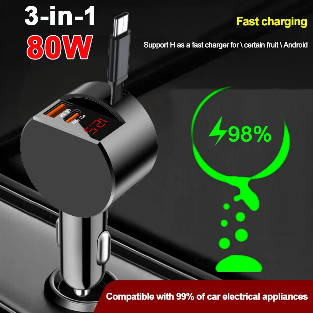 Caricabatteria da auto con cavo retrattile 3 in 1 da 80 W Caricatore rapido per telefono da auto PD 30 W per iPhone Samsung Huawei Adattatore per accendisigari