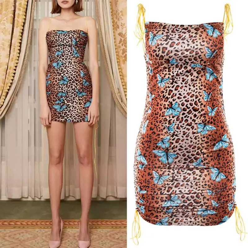 

Women Lace-Up Sexy Bodycon Dress Leopard for Butterfly Ruched Drawstring Clubwea Dropship