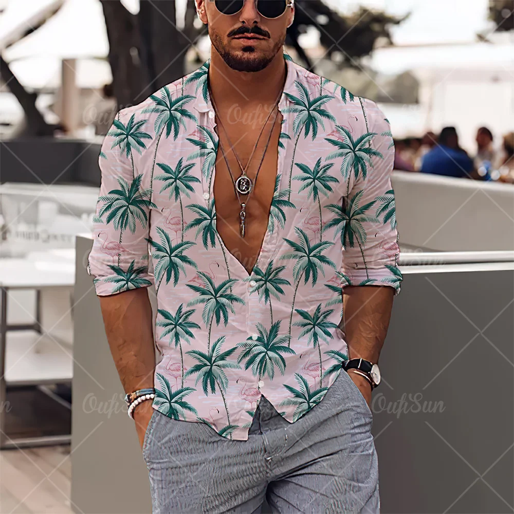 2022 3d Coconut Tree Print Hawaiian Shirts Streetwear New Male Clothes Loose Tops Shirt Men Men's Long Sleeve Shirts Lapel Shirt