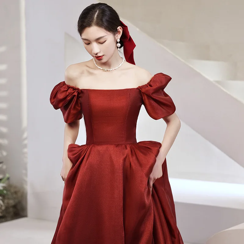 

Evening Party Dress Women Qipao Sweet Puff Sleeves A-Line Formal Party Dress Retro Princess Cheongsam Burgundy Toast Clothing