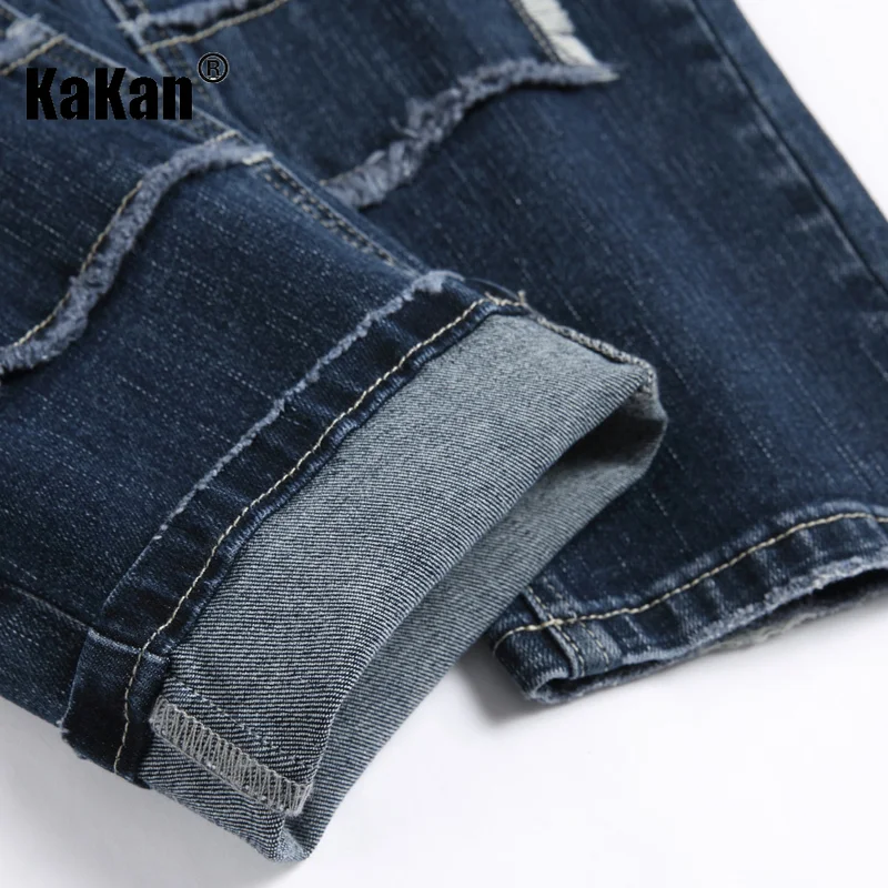 Kakan - New Elastic Slim Fit Small Feet Men's Jeans, Personalized Pocket Patch Blue Tight Long Jeans K19-8834