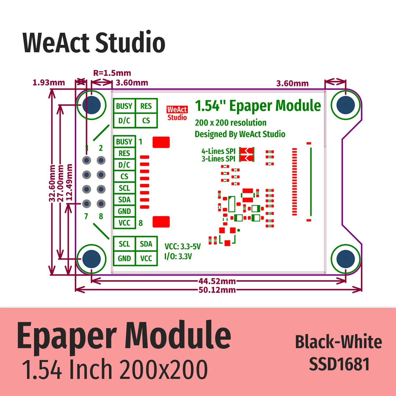 WeAct-Módulo Epaper de papel electrónico, pantalla de visualización de tinta electrónica, SPI, color blanco y negro, 1,54 pulgadas, 1,54 pulgadas