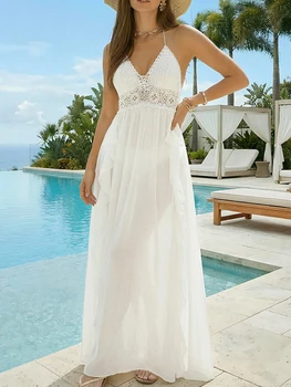 White Vacation Style Summer Beach Long Dress V-Neck Lace Patchwork Sun Protection Cover Suspender Design Hollow Out Sundress 1