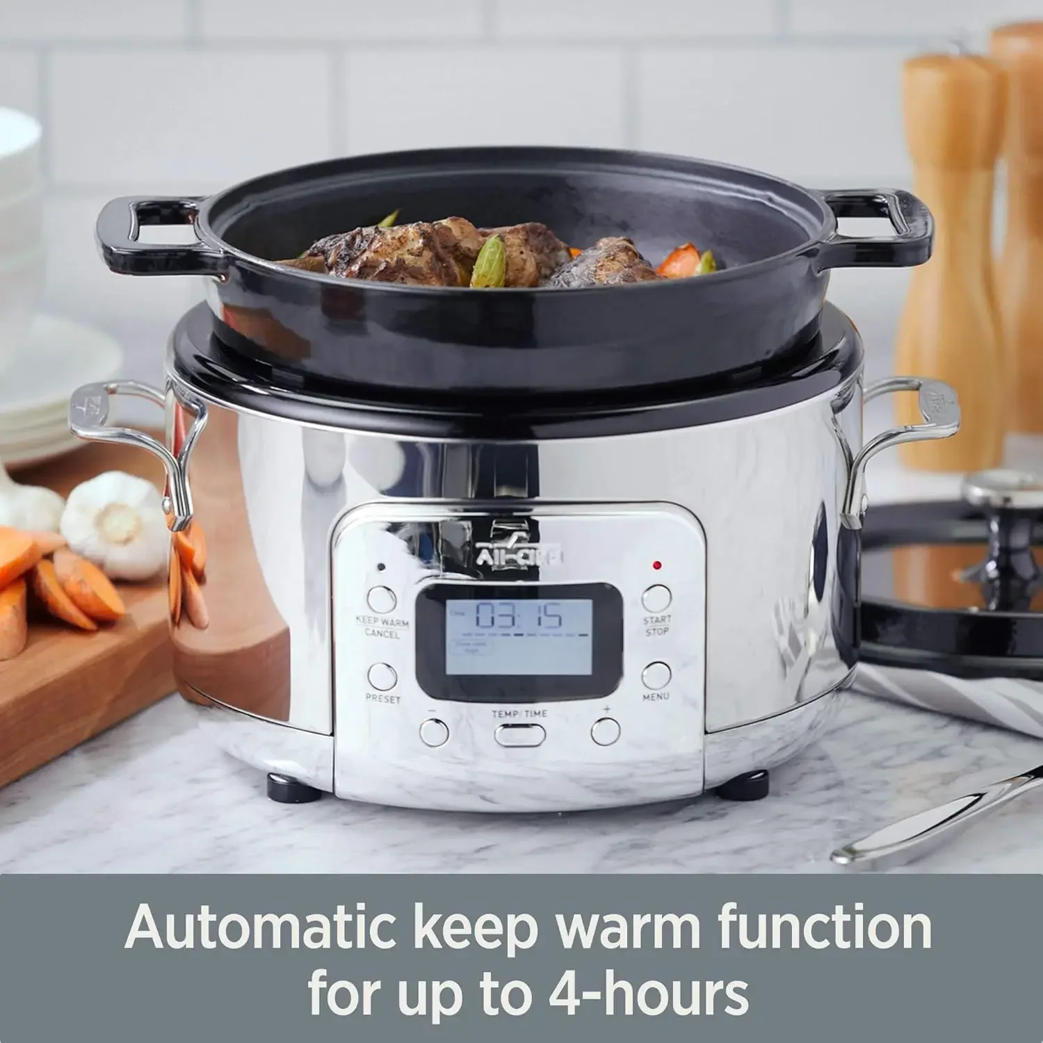5 Quart 7-in-1 Electric Slow Cooker with Stainless Steel and Cast Iron, 1200W - Black Enamel Crock 6