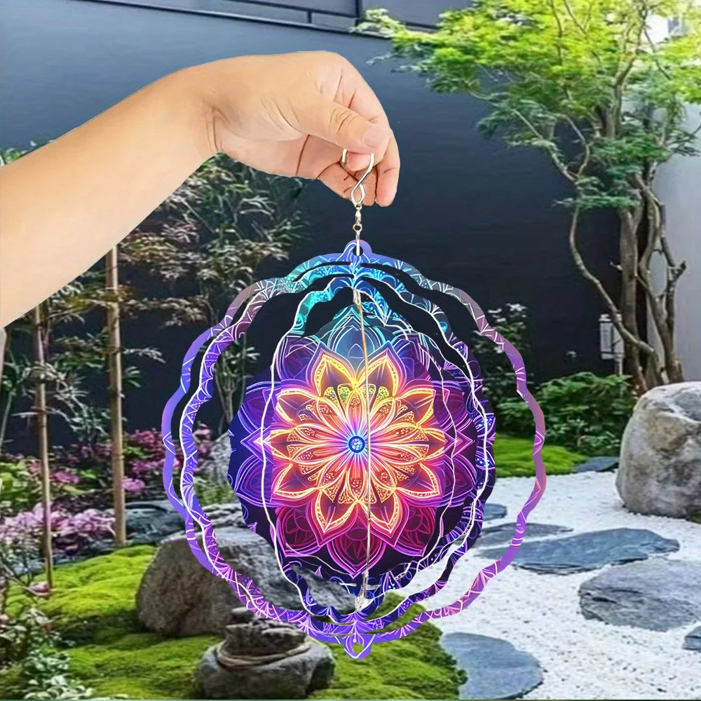 레트로 만다라 연꽃 3D 스피너 금속 풍경종, 360 ° 회전식 후크 정원 장식 선물
