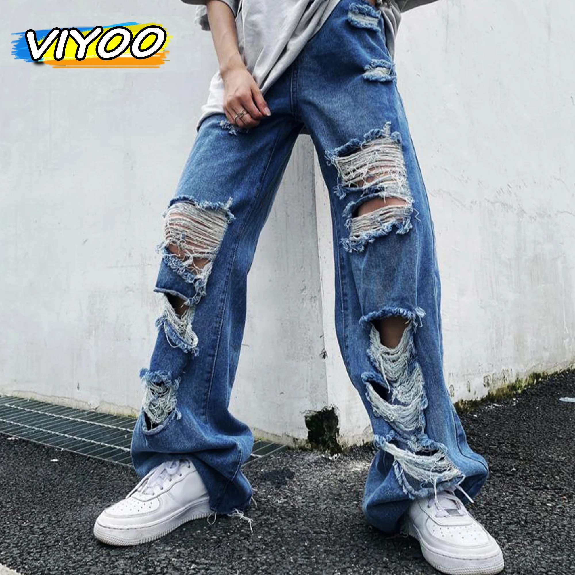 Women's Y2K Clothes Ripped Jeans High Street Baggy Jeans Summer Mopping Harem Wide Punk Straight Denim Pants Jeans Men