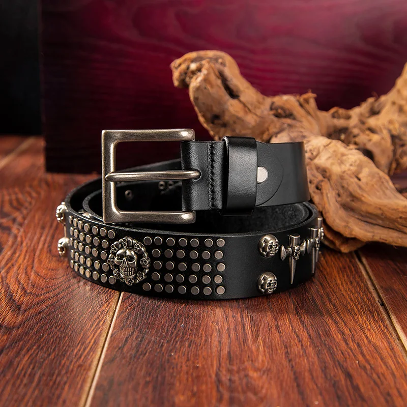 Fashion Men Personality Skull-head Rivet Genuine Leather
