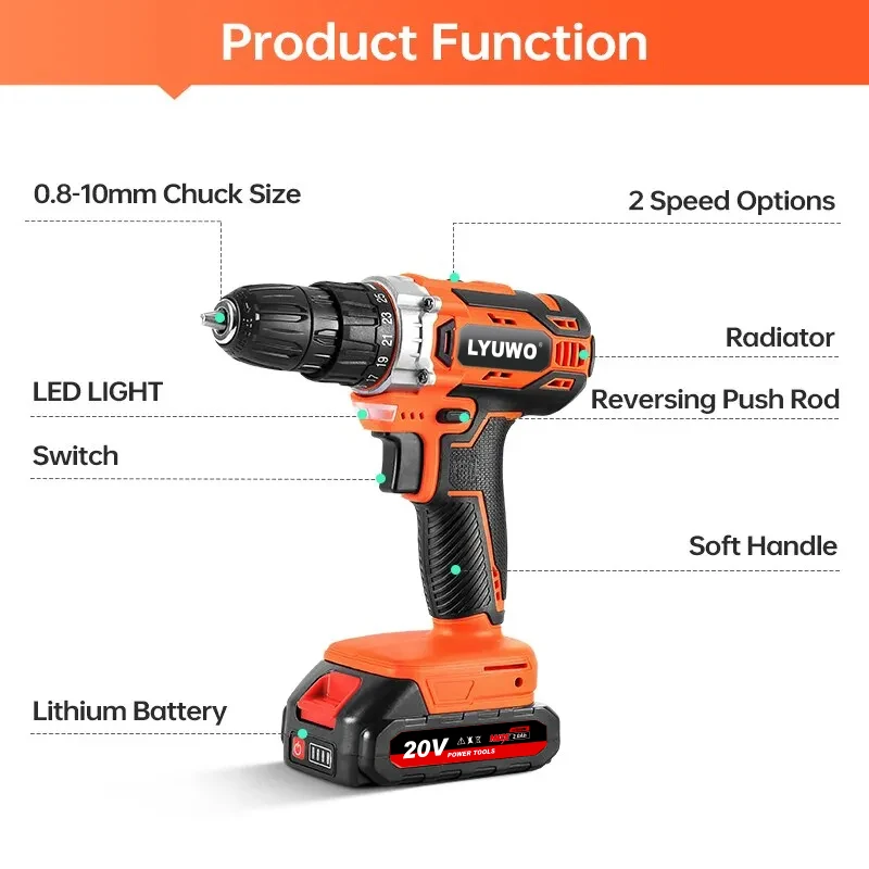 20V Cordless Drill 40N.m 25 Plus 1 LYUWO Electric Screwdriver Keyless Chuck Two Gear Speed Wireless Power Driver Battery Tools 3