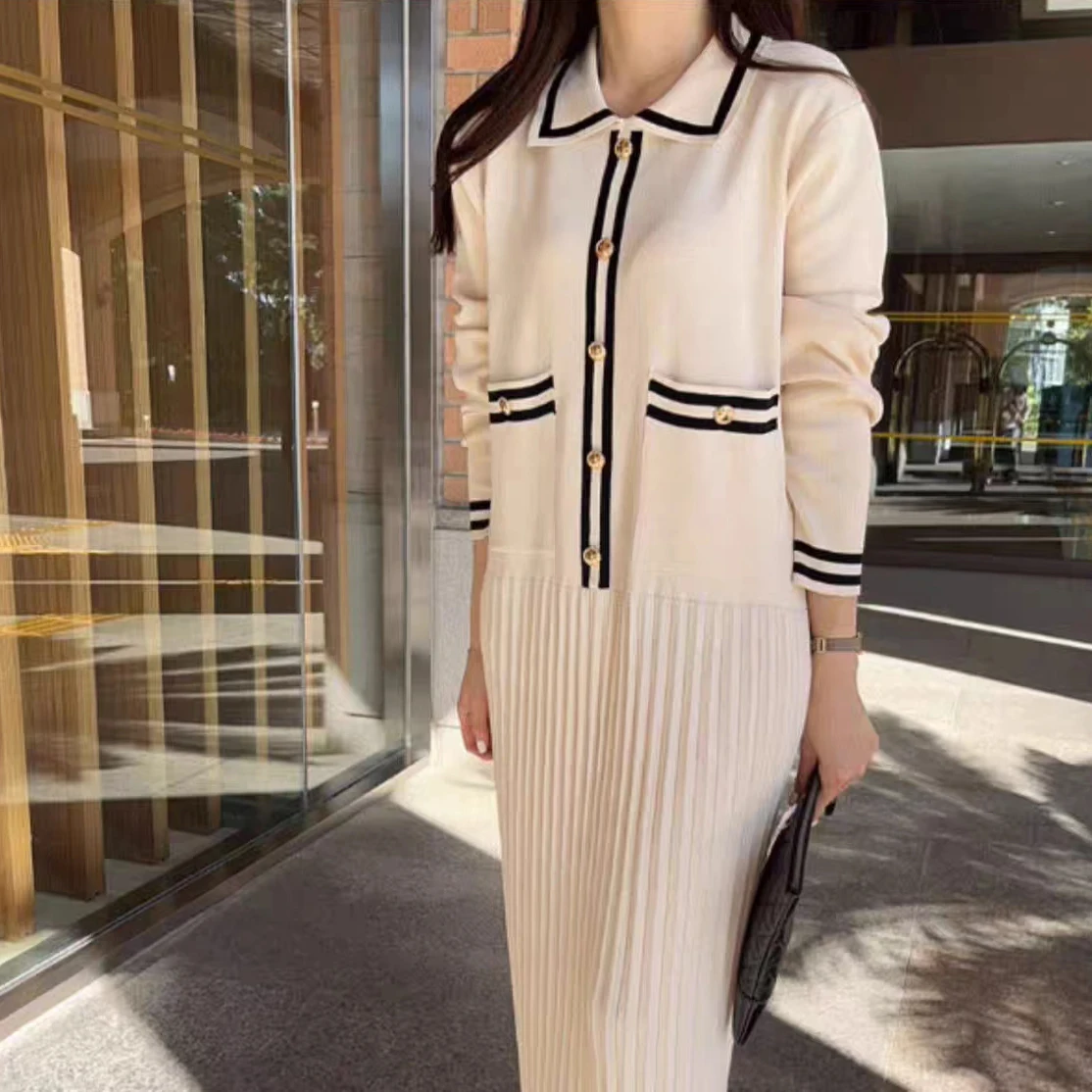 Luxury Casual Elegant Spring Lapel Striped Button Single Breasted Pocket Long Sleeved Vertical Patterned Long Dress Clothes New