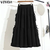 VONDA Plus Size 5XL Women Elegant Bow Maxi Skirts Fashion High Waist Pleated Ruffled Long Skirts Elastic Waist Jupes Faldas Saia - Image 3