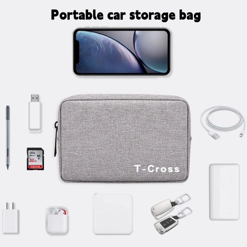 

Car Portable USB Data Line Charger Plug Car keys cards cash driver's license Storage Bag for vw T-CROSS TCROSS car accessories