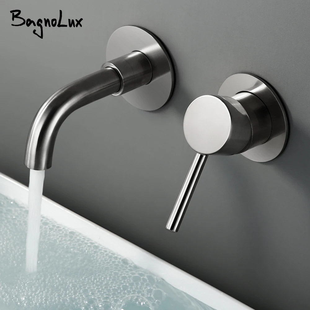 ทองเหลือง Gunmetal อ่างล้างหน้าก๊อกน้ําติดผนังร้อนและเย็นห้องน้ําอ่างล้างจานเดี่ยว Wash Tap 1