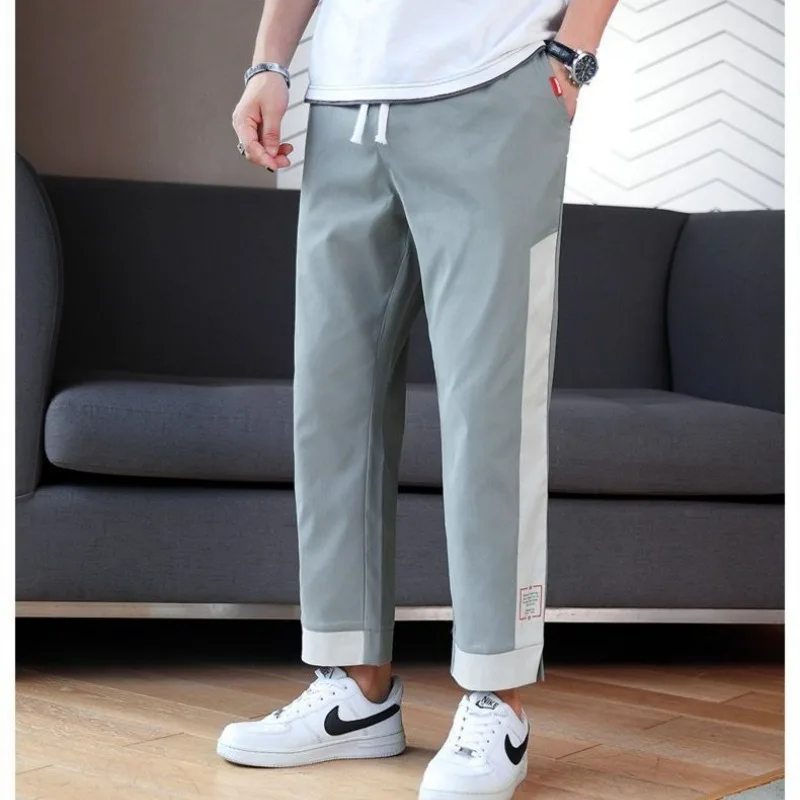 Korean Summer New Loose Versatile Casual Pants Men's Panelled Elastic Waist Drawstring Pockets Patchwork Thin Harlan Trousers