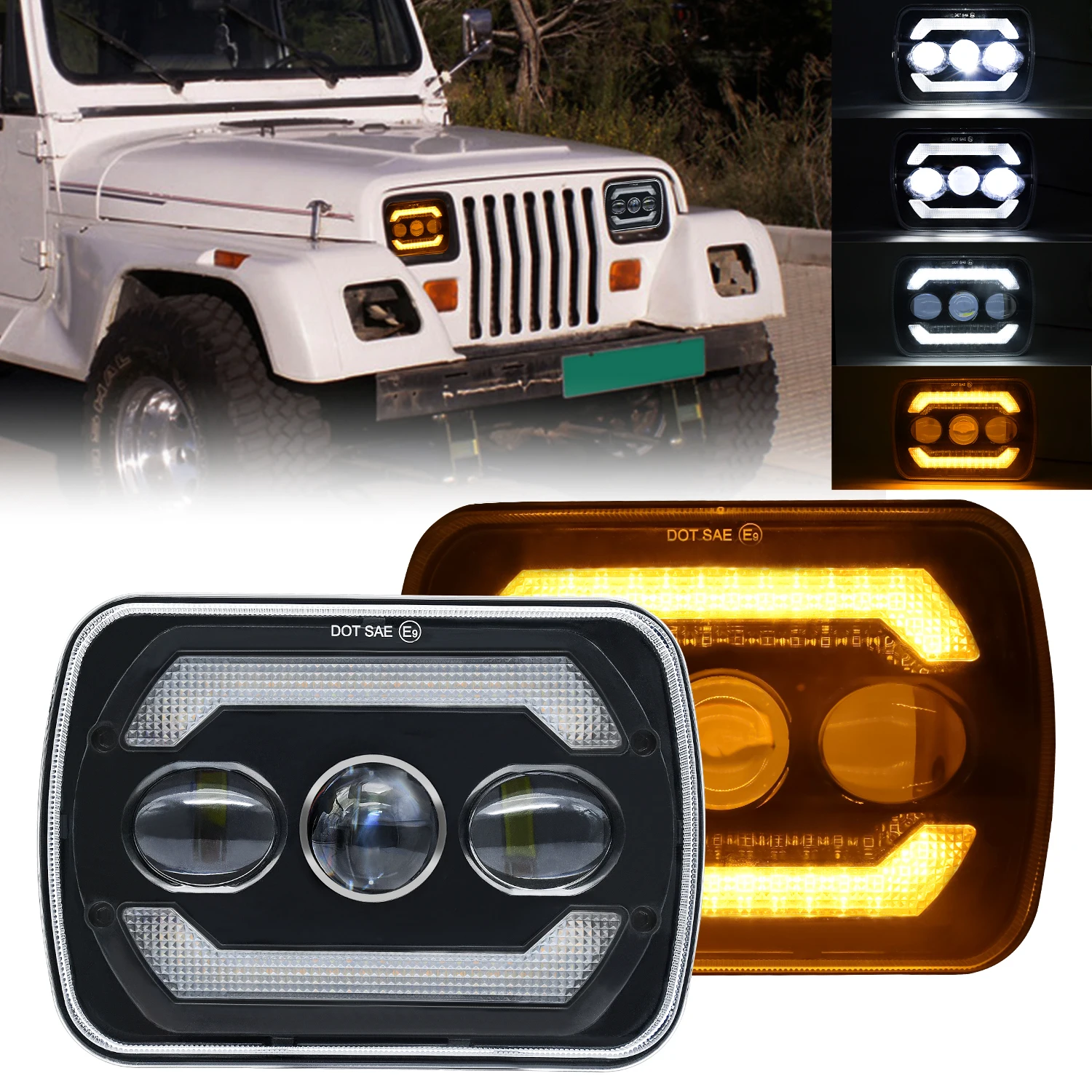 HYNBYZJ  300W 7-inch Wrangler square headlight 30000LM  6000K / 3500K dual color refracted light headlights