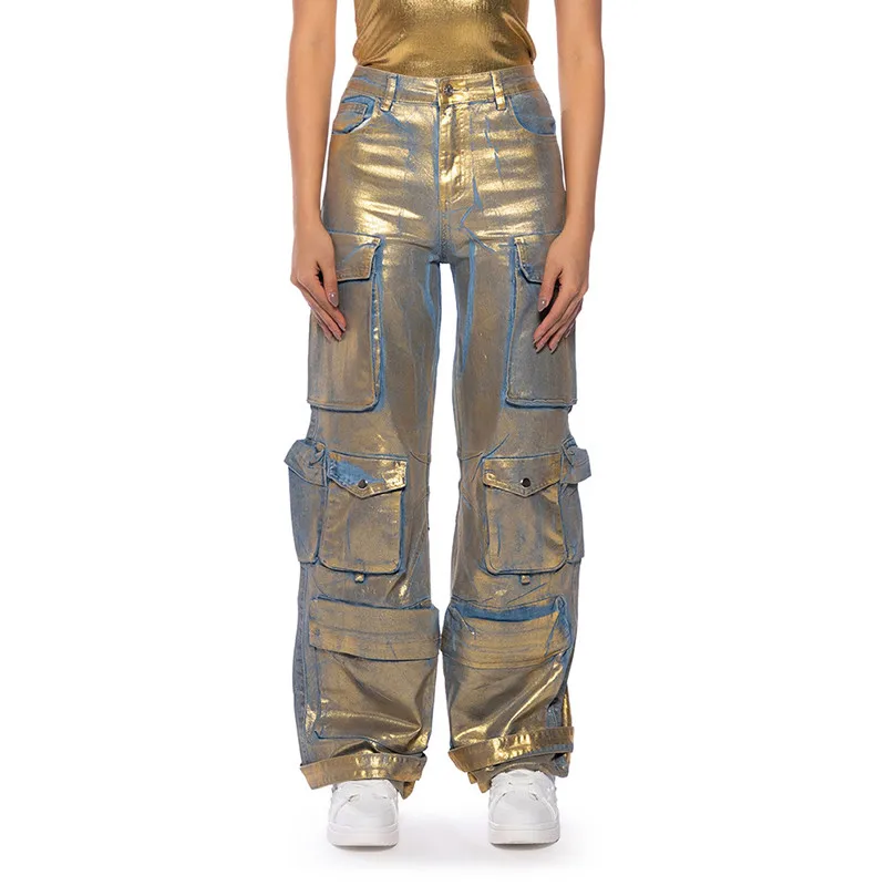 BPN Streetwear Patchwork Pockets Jeans For Women High Waist Hit Color Slimming Spliced Pockets Chic Denim Pants Female Fahsion
