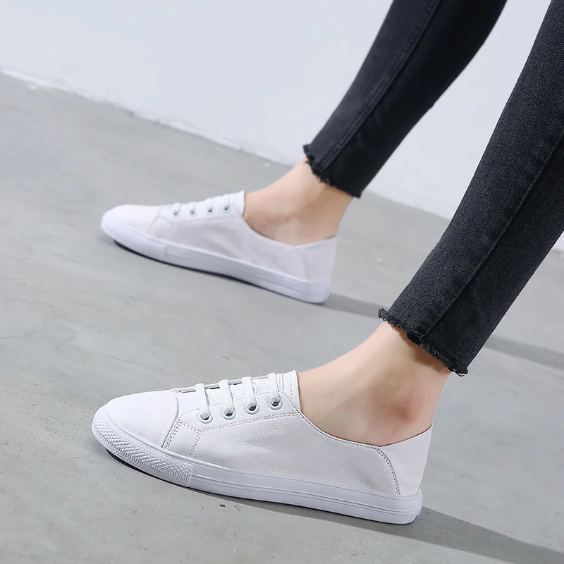 

2023 New In Women's Shoes Genuine Leather Casual Fashionable Sports Vulcanized Flats Shoe Ladies White Low Lazy Soft Sneakers