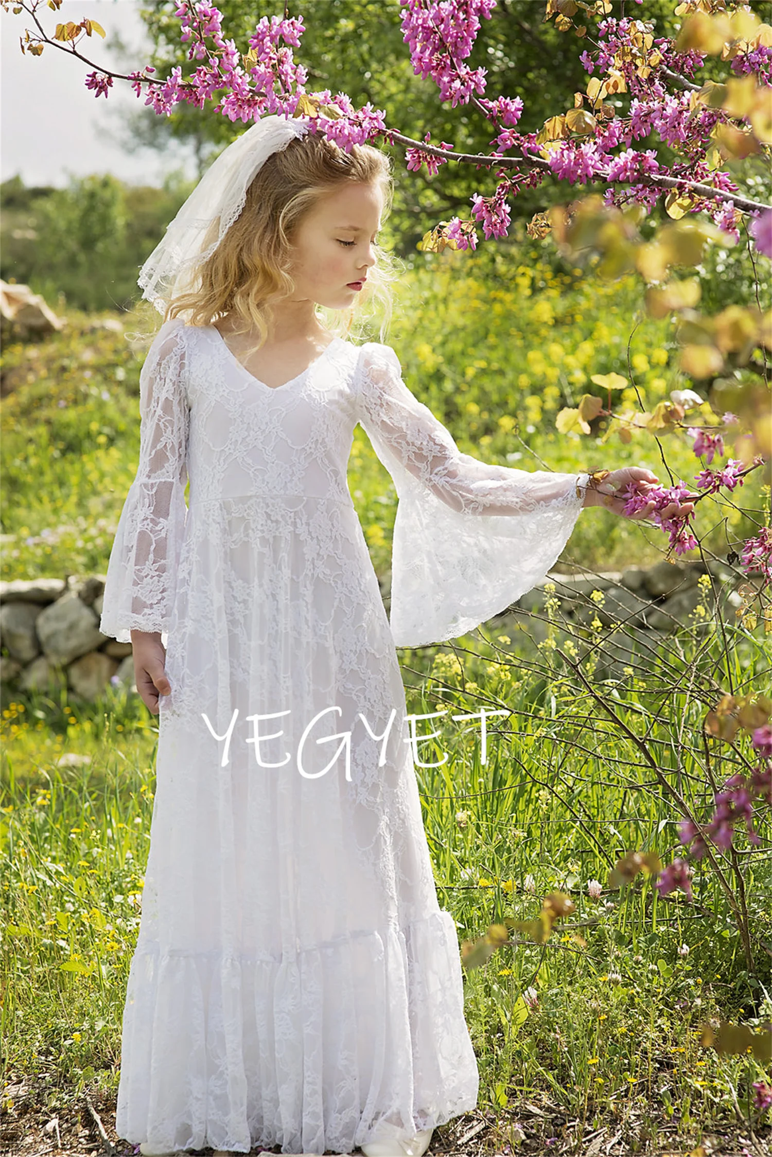 

Flower Girls Wedding Dress Lace Tulle Long Train Princess Holly Communion Baptism Gown Kids Pageant Party Clothes Girl Ball Gown