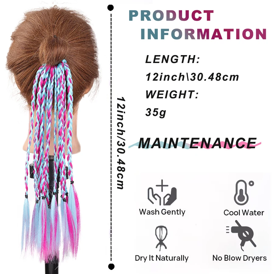 Extension per coda di cavallo intrecciata sintetica arcobaleno per donna, parrucchino intrecciato colorato con fascia elastica, capelli per cosplay di Halloween - immagine 2