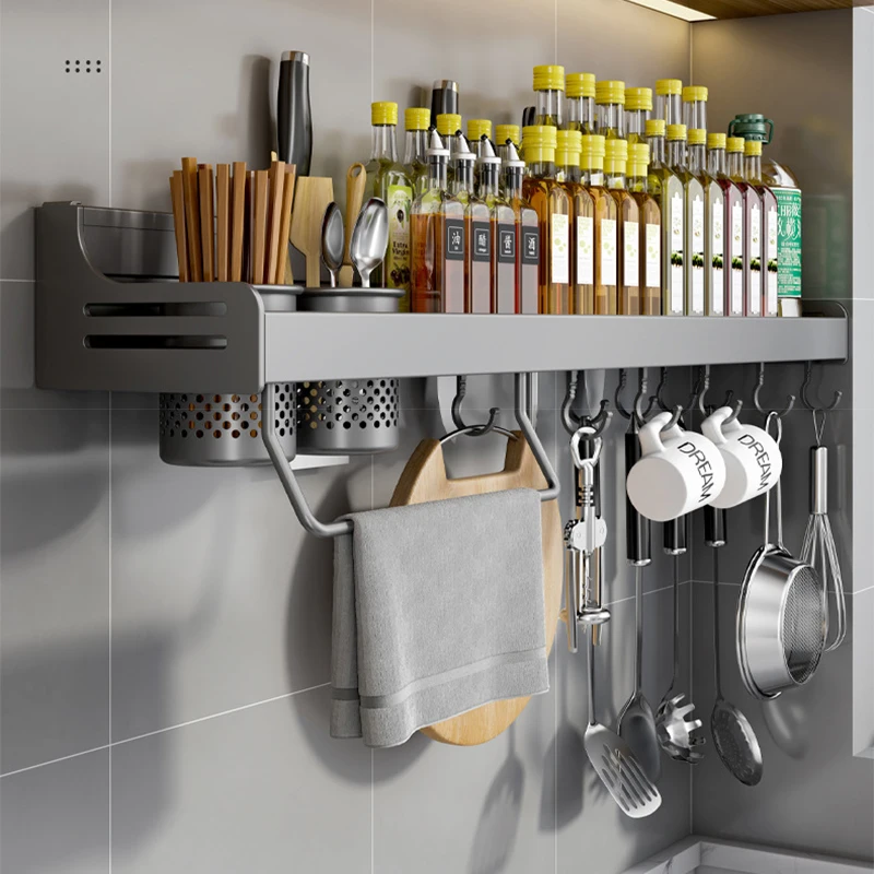 Space Aluminum Wall-mount Kitchen Storage Shelf Punch-free Condiment Knife Spice Rack Multi-functional Household Kichen Organizer