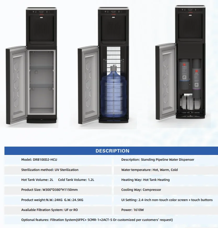 commercial standing water dispensers warm hot and cold with refrigerator or storage cabinet or with bottom load or UF RO option 2