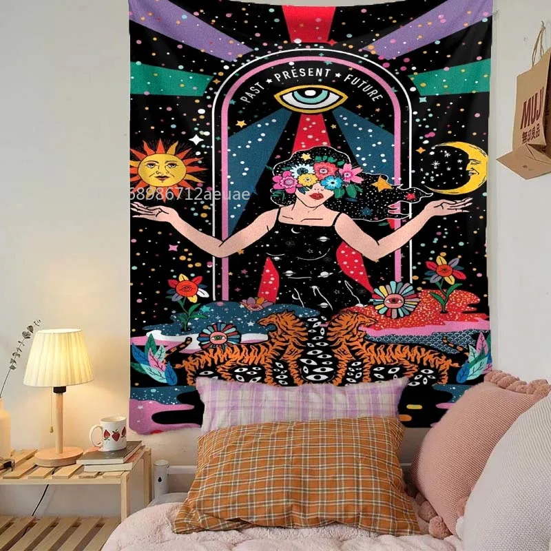 

Psychedelic Hippie Tapestry Wall Hanging Floral Moon and Sun Decorative Tap Bedroom Table Cover Sacre heart Wall Tapestry