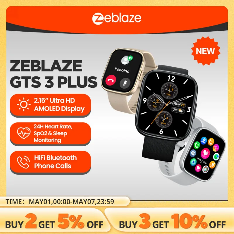 New Zeblaze GTS 3 Plus AMOLED Screen Smart Watch Ultra 2.15'' Hi-Fi Bluetooth Phone Calls Health and Fitness Tracking Smartwatch