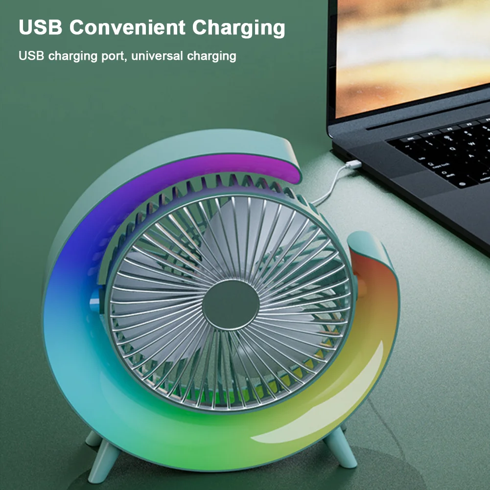 USB 데스크 선풍기 휴대용 테이블 선풍기, 다채로운 조명, 개인 선풍기, 가정 침실 기숙사용 조용한 소형 냉각 선풍기, 3 단