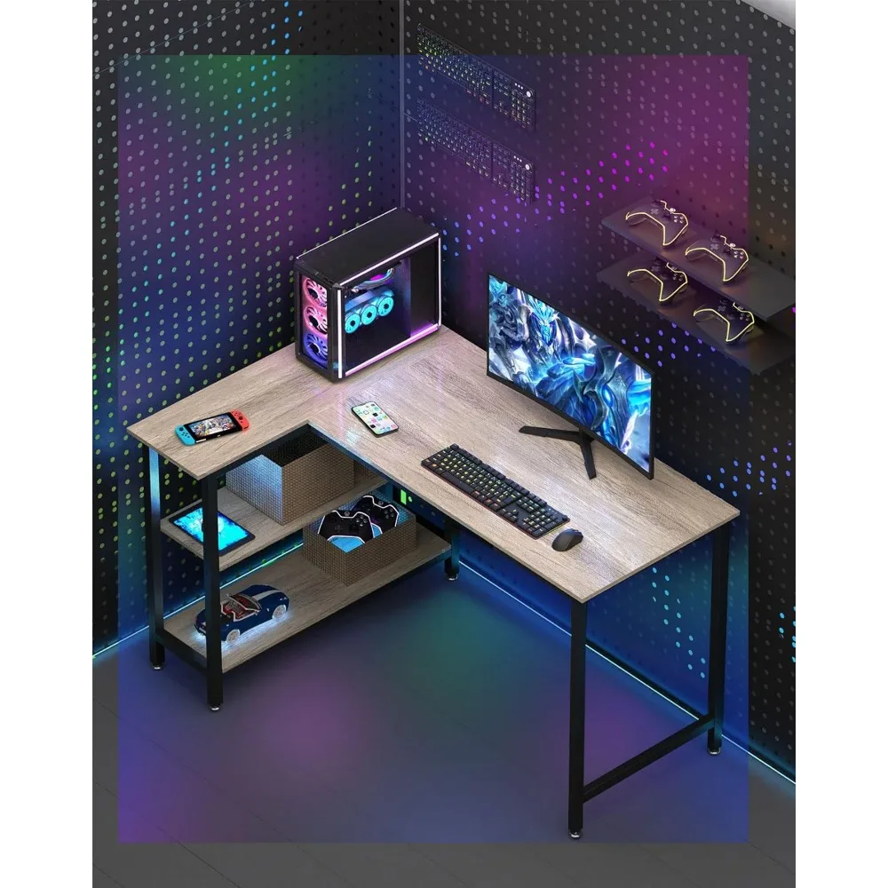 Modern gaming desk setup designed for gamers, featuring an ergonomic L-Shape Desk with led lights, a computer with multiple fans, a widescreen monitor, keyboard, mouse.