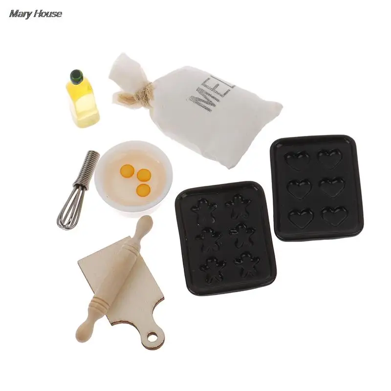 

8pcs/set 1:12 Dollhouse Miniatures Kitchen Baking Tools Mini Cloth Bag Olive Oil Rolling Pin Egg Bowl Chopping Board Accessories