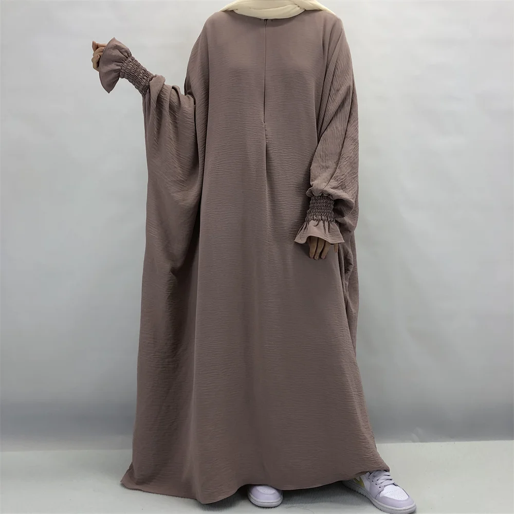 Ironless Islamic Clothing One Piece Full Length Elastic Wrists Frill Cuff Modest Prayer Maxi Dress Butterfly Jazz Crepe Abaya