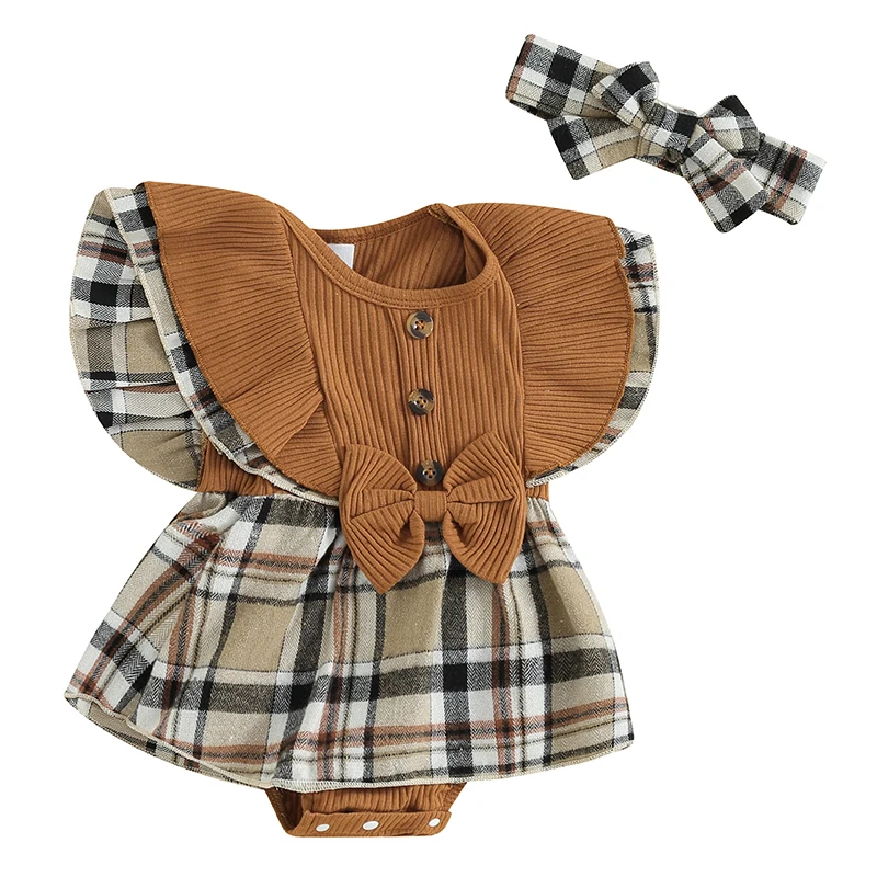 

Baby Girls Summer Outfits Sleeveless Romper Dress Plaid Dress Fly Sleeve Dress Ribbed Bodysuit Ruffled Jumpsuit