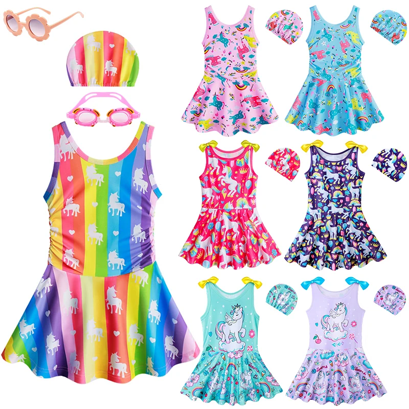 

Cute Girl Rainbow Unicorn One-piece Swimsuit with Cap Summer Holiday Beach Swimsuits Children Colorful Vest Horse Print Swimwear