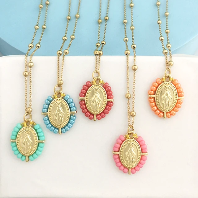 Collier ras du cou pour femme avec pendentif Vierge Marie, chaîne en acier inoxydable couleur or, perles de rocaille, style bohème blanc, noir, rose