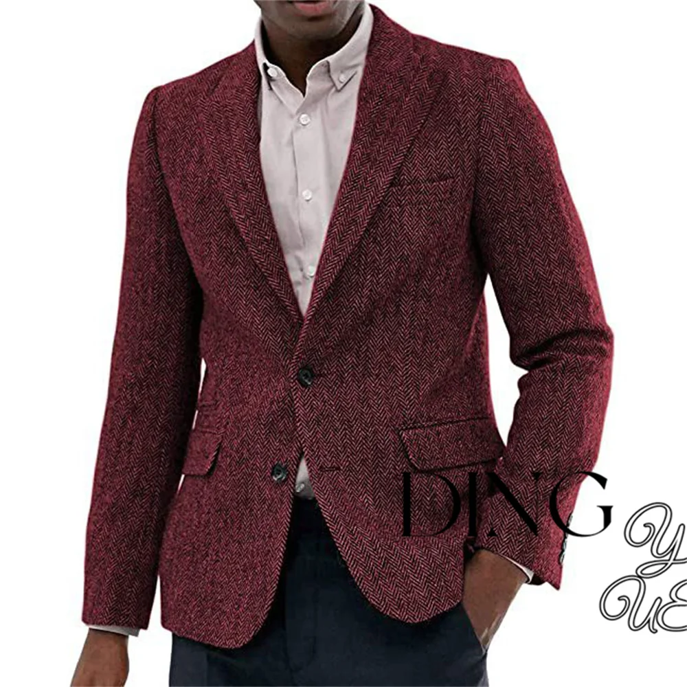 Lapel Suit Men's Slim Fit Overcoat Jackets Man Wool Blazer Herringbone Dress Slim Fit Men's Suit Casual