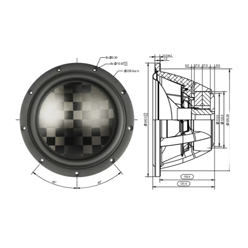 ASY-01 MW16TX-4/WO24TX-4 TeXtreme 6.5/9.5 Inch Carbon Fiber Mid Woofer Speaker 4ohm/60W/90W (1PCS)