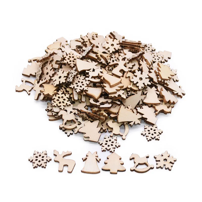 thumbnail image 1 of 100 piezas/bolsa de adornos navideños de madera natural, colgantes en forma de mini copos de nieve, confeti para árbol de Navidad, decoración para mesa, regalo de Año Nuevo para el hogar, 1 of 4