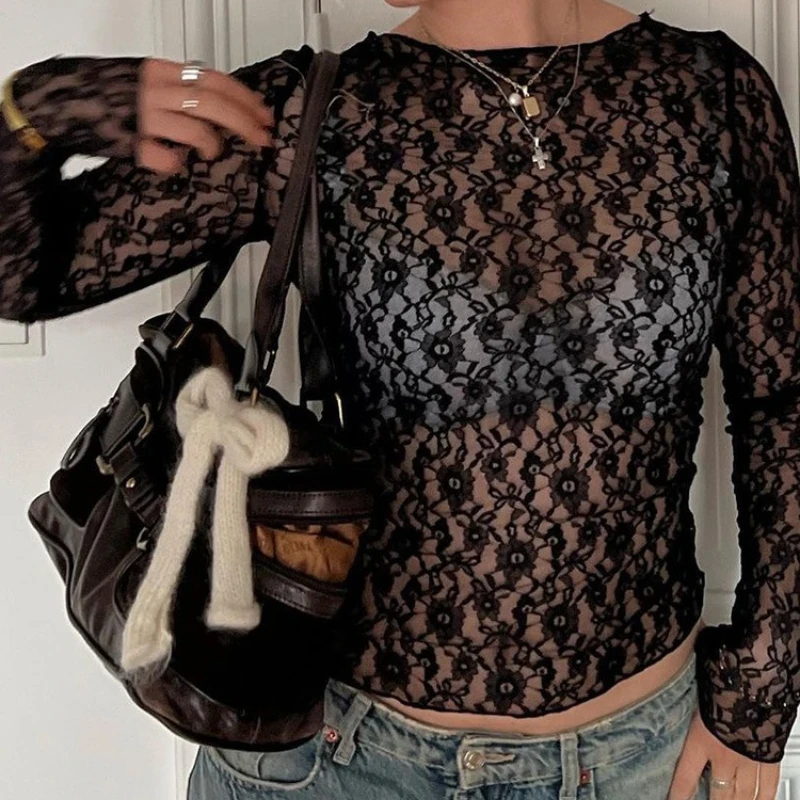 Long Sleeves See Through Crop Top Sexy Lace Solid Bodycon T-Shirt for Women Summer Round Neck Casual Slim Base Layer Shirt Club 2